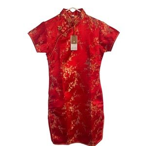 Women's Sexy Red Floral Mini Chinese Evening Dress Cheongsam